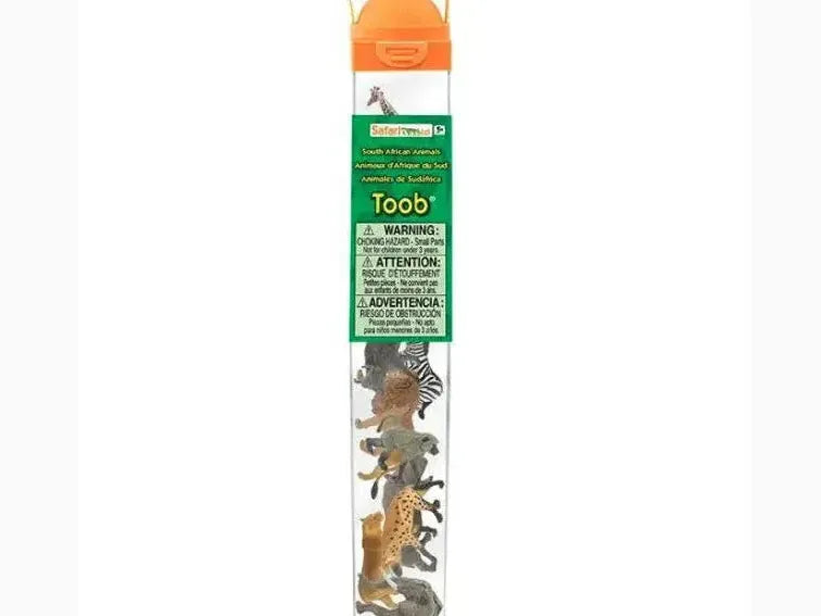 Tube containing miniature plastic animal figurines.