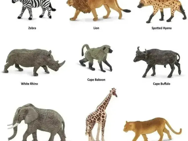 Collection of toy animal figurines representing various African wildlife species, each labeled with its name.
