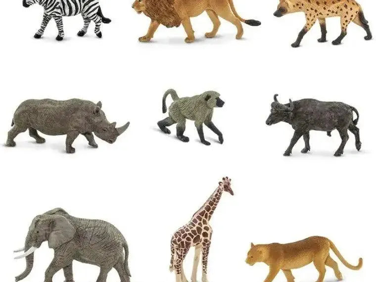 Collection of toy animal figurines representing various African wildlife species.