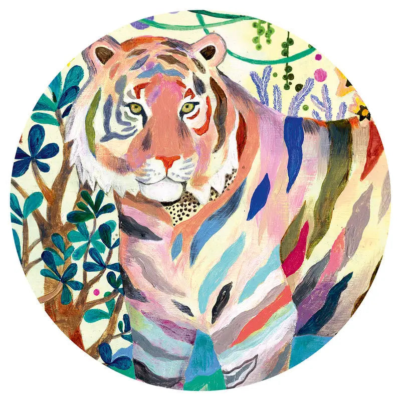 Colorful, stylized tiger with vibrant stripes and floral elements incorporated into its design.