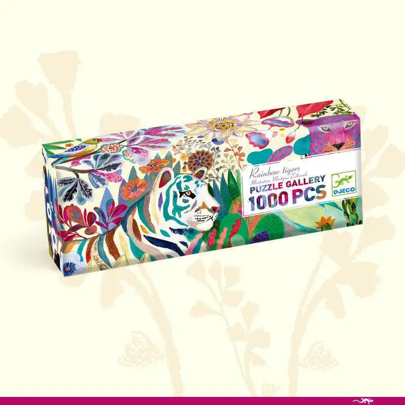 Colorful puzzle box featuring vibrant floral and animal designs, labeled as a 1000-piece puzzle gallery.