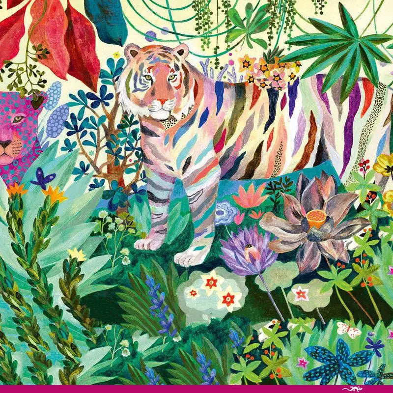 Tiger standing amid colorful, stylized jungle foliage and flowers.