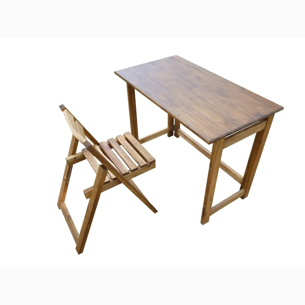 Wooden desk and folding chair set.