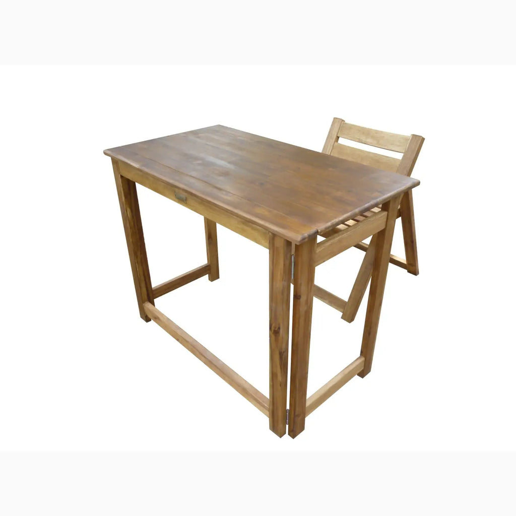 Wooden table with attached chair.