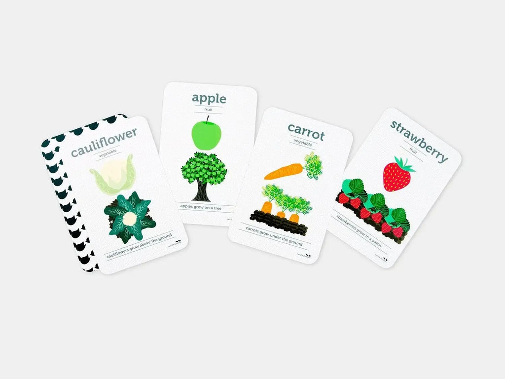 Set of illustrated flashcards featuring different fruits and vegetables.