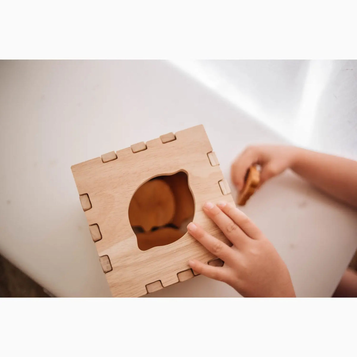 Wooden toy box with organic-shaped opening.