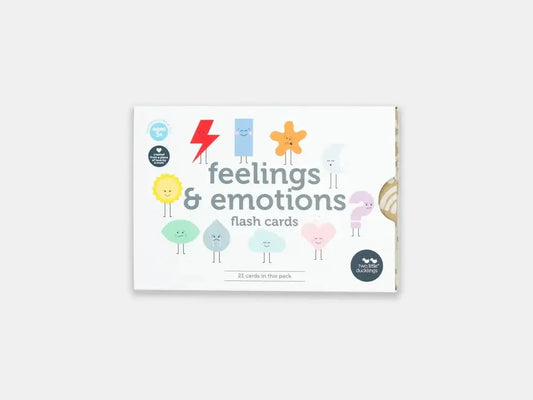Flash cards for teaching feelings and emotions, featuring colorful cartoon characters and symbols.