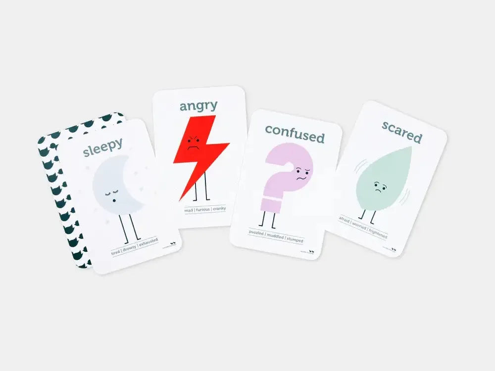 Set of illustrated emotion cards depicting sleepy, angry, confused, and scared feelings as simple cartoon characters.