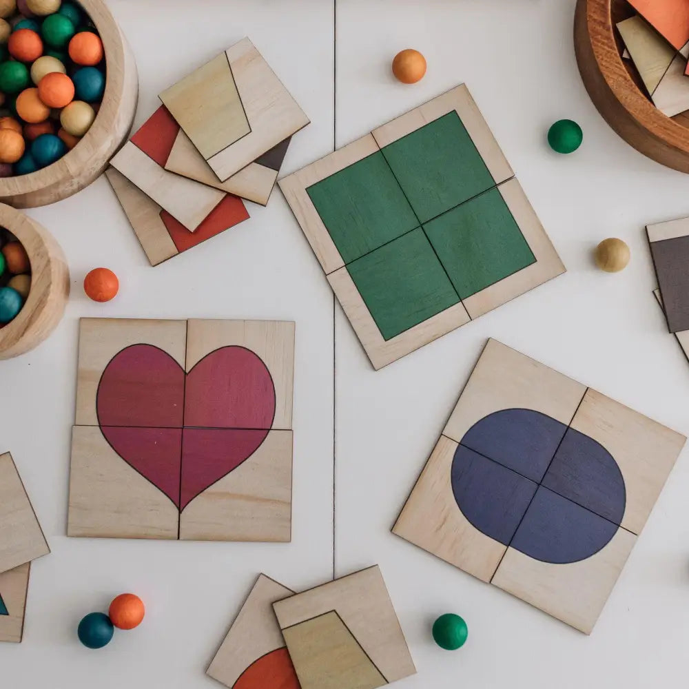 Wooden puzzle pieces featuring colorful geometric shapes and patterns.