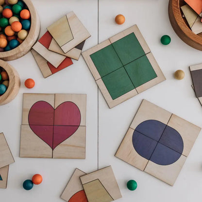 Wooden puzzle pieces featuring colorful geometric shapes and patterns.