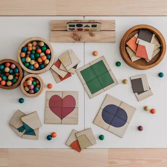 Collection of wooden educational toys and colorful beads arranged on a surface.