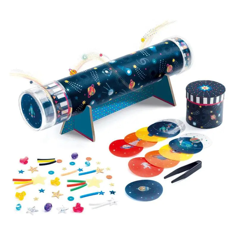 Space-themed kaleidoscope with accompanying discs and decorative elements.