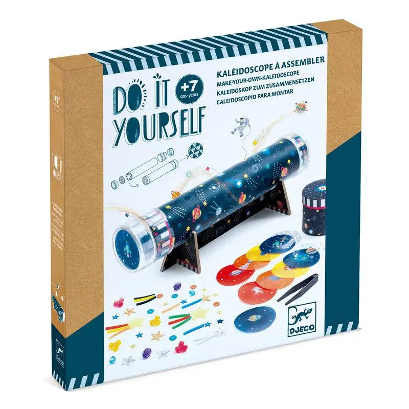 Do-it-yourself kaleidoscope assembly kit with colorful components and instructions.