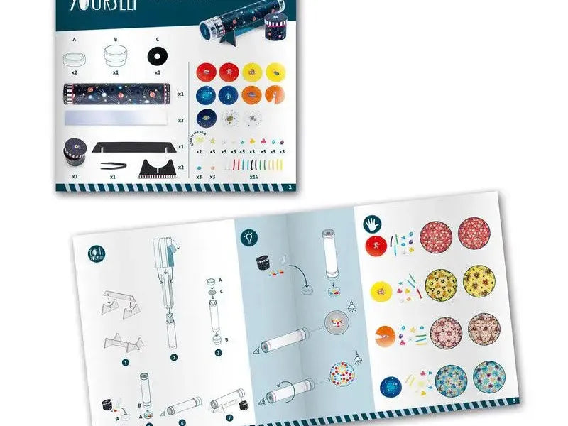 Kaleidoscope craft kit with assembly instructions and colorful components.