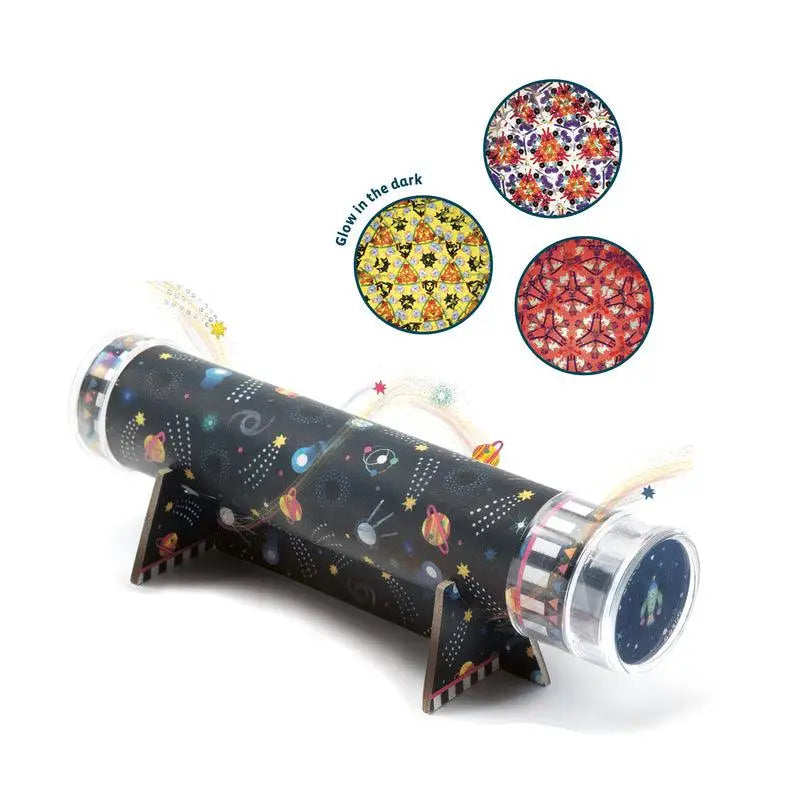 Kaleidoscope toy with a dark outer tube decorated with space-themed patterns.