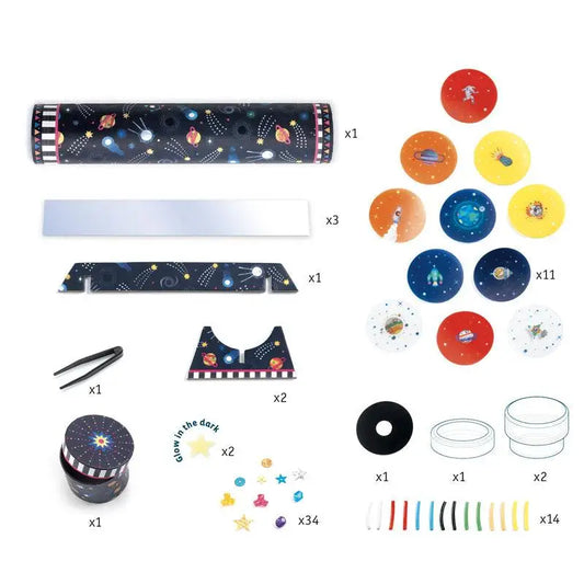 Space-themed kaleidoscope kit with various components for assembly.