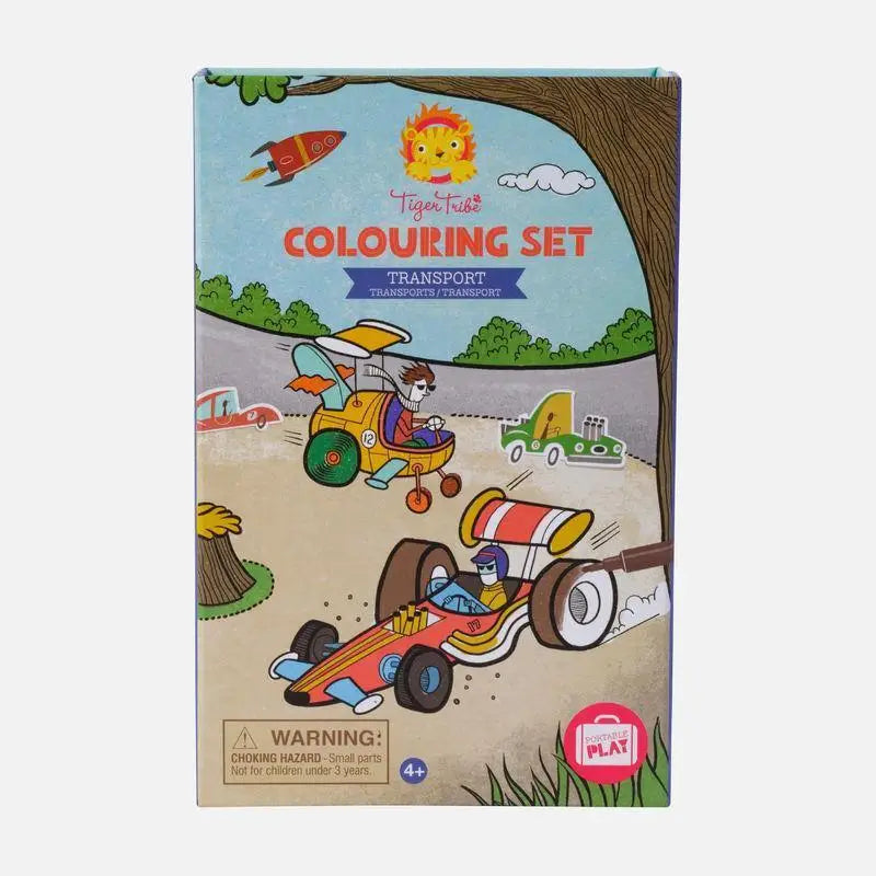 Coloring set featuring a transport theme on its cover.