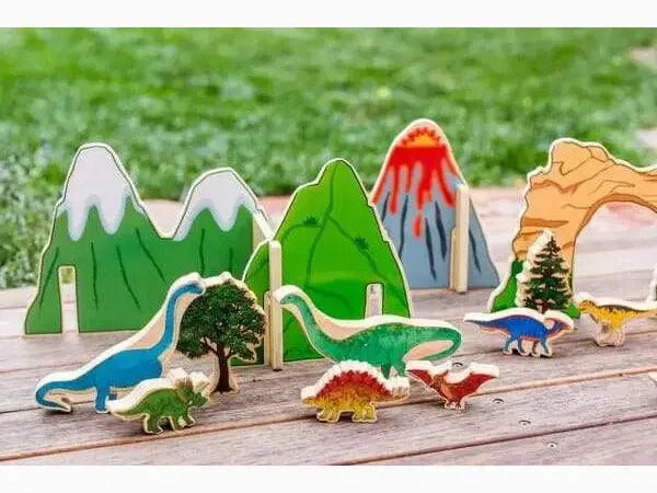Wooden toy set featuring colorful mountains and dinosaur figures.