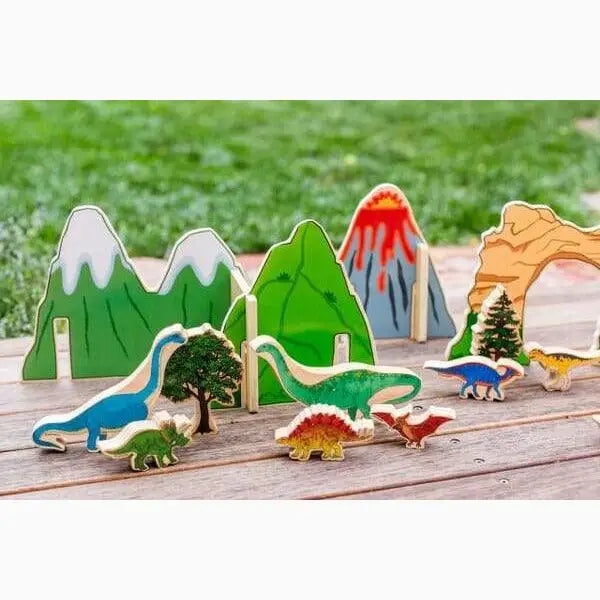 Wooden toy set featuring colorful mountains and dinosaur figures.