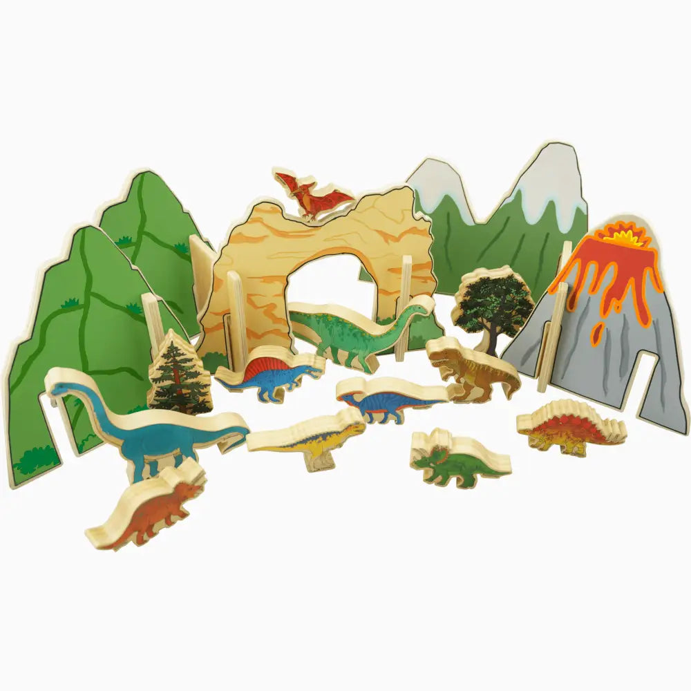 Wooden dinosaur playset with toy dinosaurs and landscape elements.