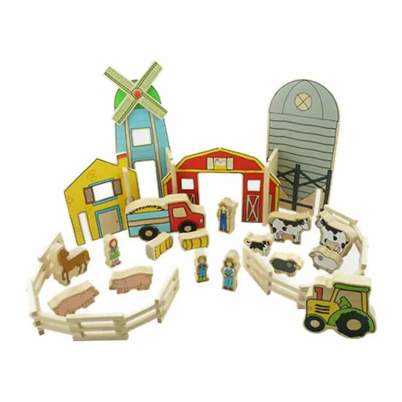 Colorful wooden farm playset with buildings, animals, figures, and accessories.