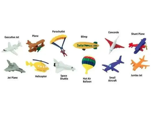 Collection of various toy aircraft and flying vehicles with labels identifying each type.