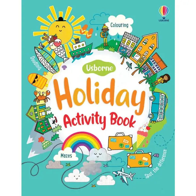 Book cover for ’Holiday Activity Book’ by Usborne, featuring colorful illustrations of vacation-related items and activities.