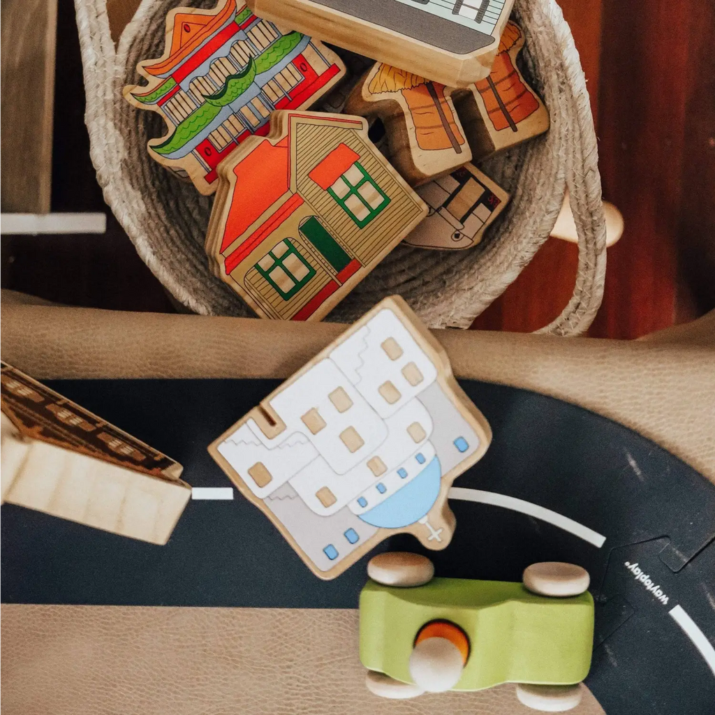 Wooden toy building blocks and car.