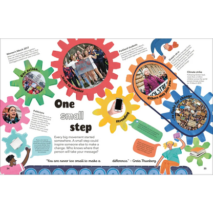 Colorful infographic with interlocking gears featuring photos and text about small steps for positive change.