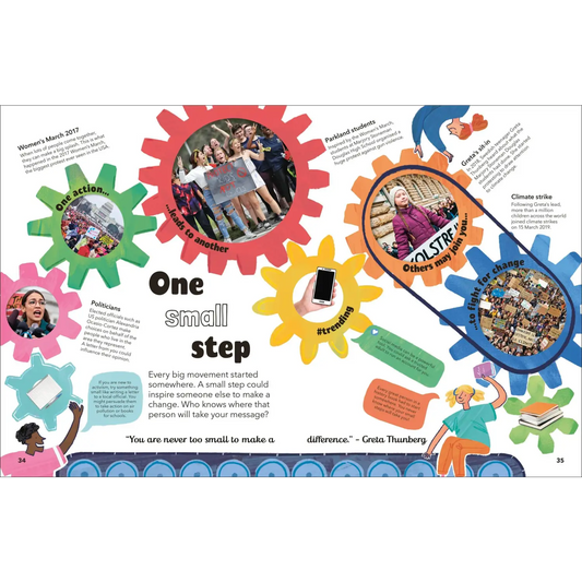 Colorful infographic with interlocking gears featuring photos and text about small steps for positive change.