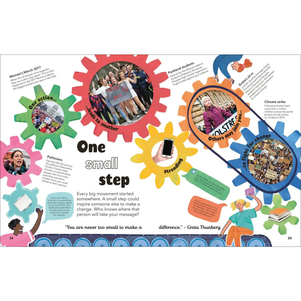 Colorful infographic with interlocking gears featuring photos and text about small steps for positive change.