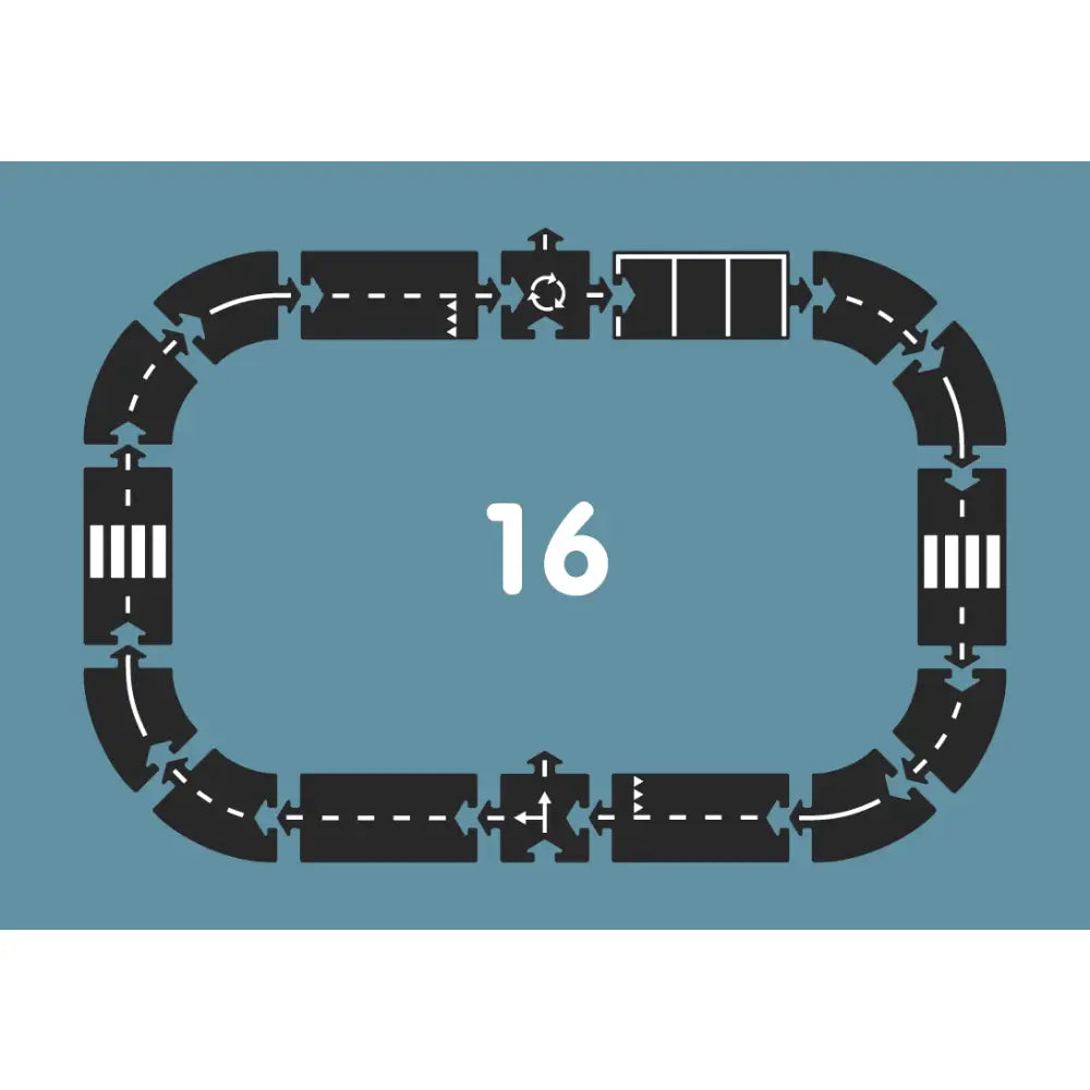 Stylized race track or road circuit composed of interconnected segments with the number 16 in the center.