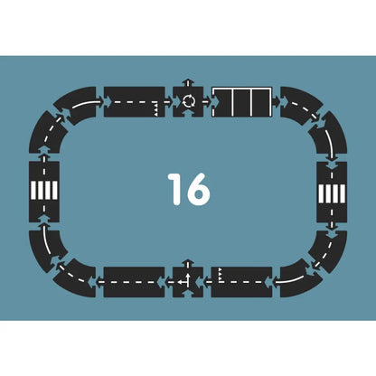 Stylized race track or road circuit composed of interconnected segments with the number 16 in the center.