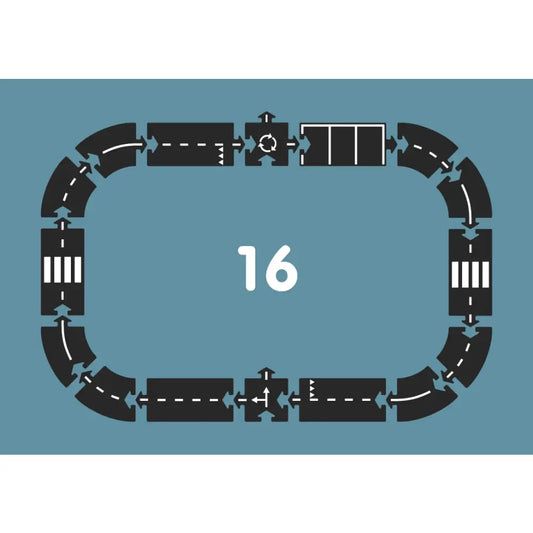 Stylized race track or road circuit composed of interconnected segments with the number 16 in the center.