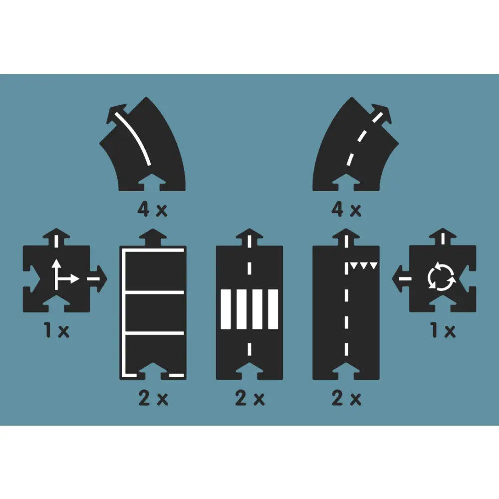 Set of modular road or track pieces with various shapes and connectors.