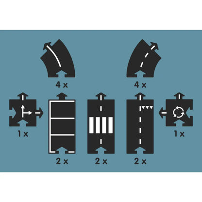 Set of modular road or track pieces with various shapes and connectors.