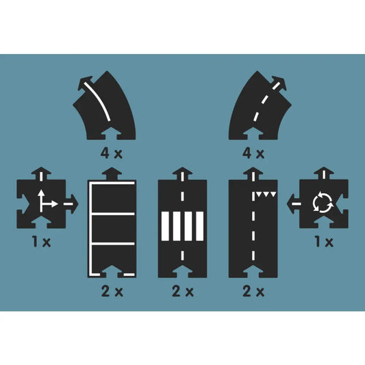 Set of modular road or track pieces with various shapes and connectors.