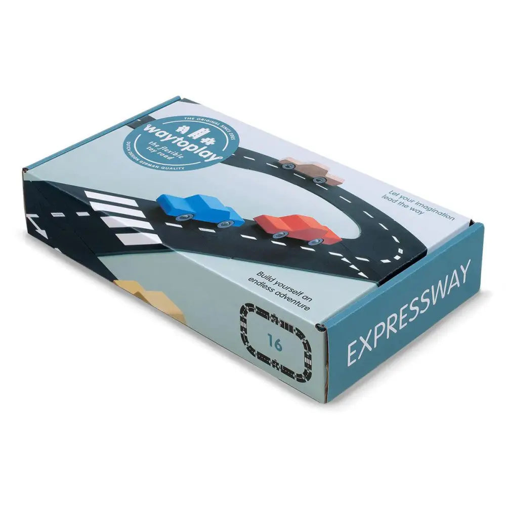 Box containing a flexible toy car racetrack set called ’Expressway.’