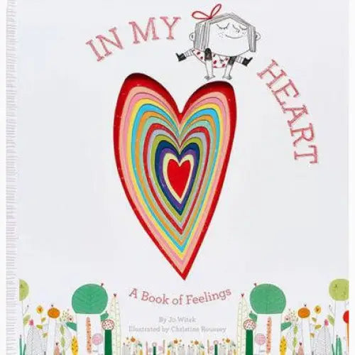 Colorful layered heart shape with a small cartoon character on top.