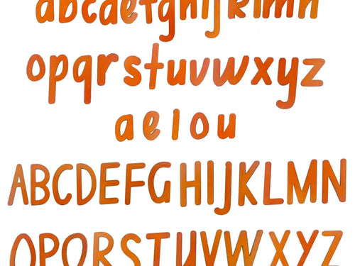 Orange handwritten alphabet in lowercase and uppercase letters, including vowels separately.