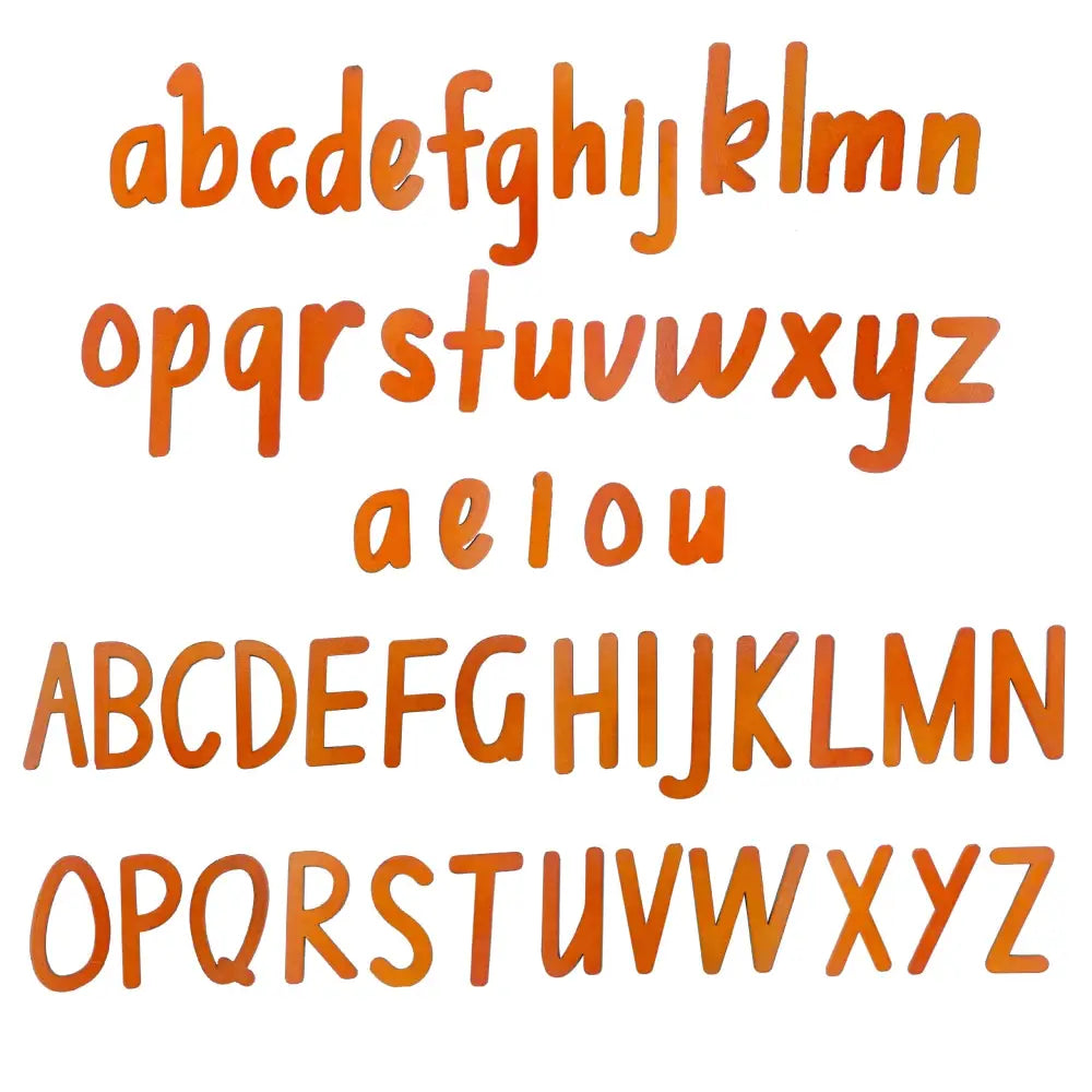 Orange handwritten alphabet in lowercase and uppercase letters, including vowels separately.