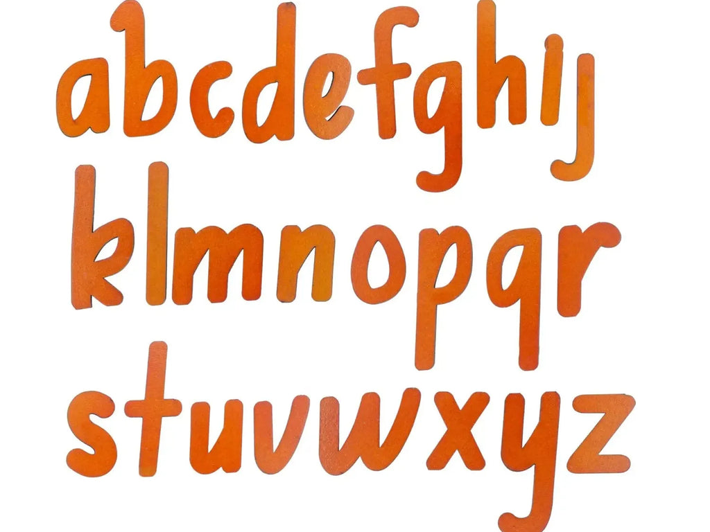 Lowercase alphabet letters in a cursive-style orange font.
