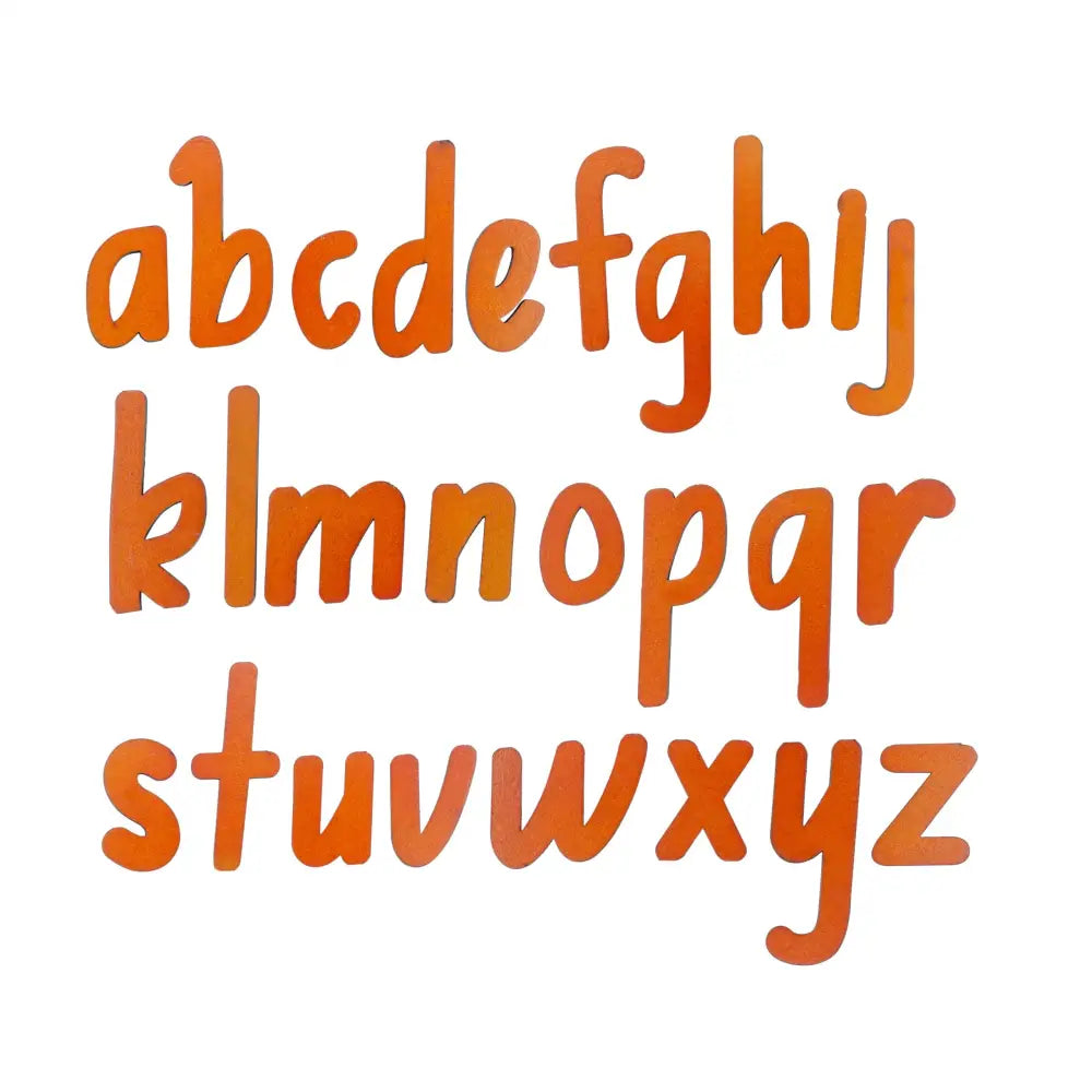 Lowercase alphabet letters in a cursive-style orange font.