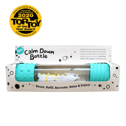 Teal and clear plastic reusable water bottle with a ’Calm Down Bottle’ label in its packaging.