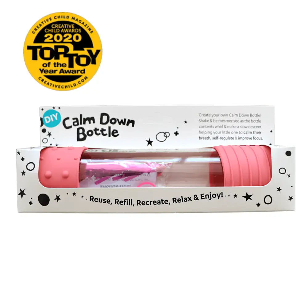 Pink and clear sensory bottle labeled ’Calm Down Bottle’ in retail packaging.