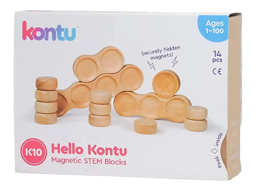 Box of wooden magnetic STEM building blocks for children called ’Hello Kontu’ by the brand Kontu.