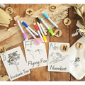 Educational materials for teaching alphabet and animal vocabulary, including flashcards, colored markers, and wooden letter pieces.