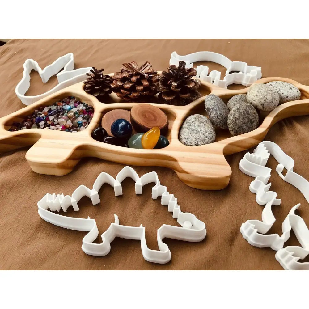 Wooden dinosaur-shaped tray with compartments holding various natural objects and materials.