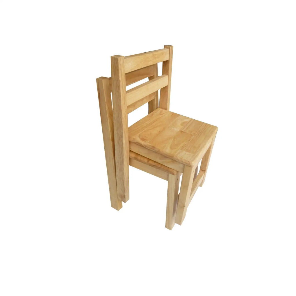 Stacked wooden chairs.