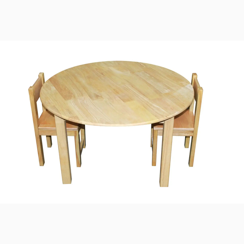 Wooden round table with two chairs.